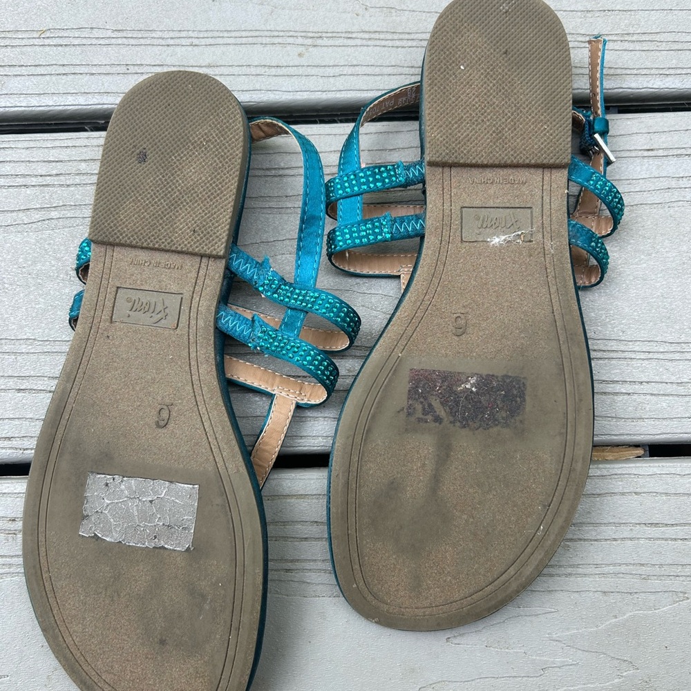 Teal Strappy Women's T‑Bar Sandals with Rhinestone Detail - Picture 3 of 4